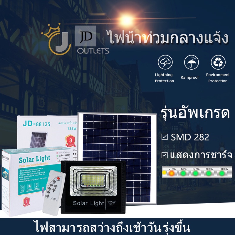 【กำลังไฟที่แท้จริง】JD150W ไฟโซล่าเซลล์ กันน้ำกลางแจ้ง ป้องกันฟ้าผ่า Solar light แสงสีขาว ไฟสามารถสว่างถึงเช้าวันรุ่งขึ้น