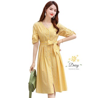 (M-2XL) Daisy ชุดเดรสผ้าคอตตอน 100% คอวีเอวมีสายผูกปรับให้กระชับได้