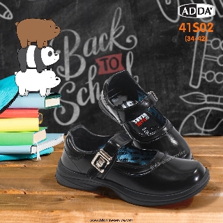 รองเท้านักเรียนหญิง Adda รุ่น 41S02 รองเท้าหนังสีดำ รองเท้านักเรียนลายลายหมี Bear ตัวล๊อคแบบเหล็ก พื้นหนา ใส่สบาย