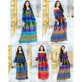 #52/42 Maxi dress bigsize แมกซี่เดรสลายนกยูงสีสันใส่ได้สองแบบ แขนยาวคอปาดใส่ยางดึงสม้อคใส่ได้สองแบบ