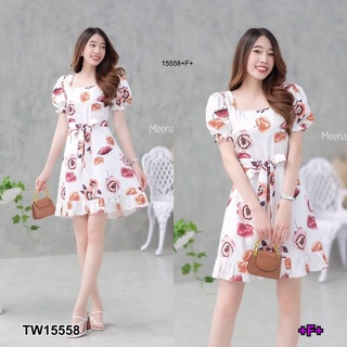 👗Pfashion [ส่งไว!!🚛] P15558 เดรสแขนตุ๊กตาลายดอกไม้ มีสายผูกเอว