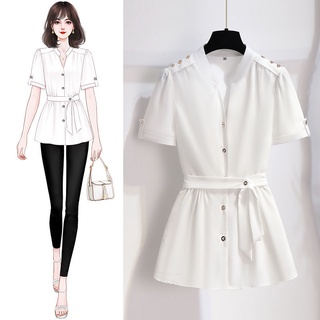 เสื้อเชิ้ตแขนสั้น เอวลอย พลัสไซซ์ สีขาว แฟชั่นฤดูร้อน สไตล์ฝรั่งเศส สําหรับผู้หญิง 2022