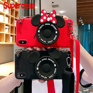 เคสโทรศัพท์มือถือ TPU แบบนิ่ม ลายมิกกี้ มินนี่ เมาส์ 3D ป้องกันกล้อง ปิดด้านหลัง พร้อมสายคล้อง สําหรับ iPhone 14 13 12 11 Pro Xs Max Mini XR X 8 7 6 6s 14 Plus 5 5s SE 2020 2022