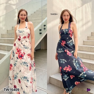 16409 Dress แมกซี่เดรส สายร้อยหลัง เว้าหลัง ลายดอกชบา Maxi dress, single strap, show back, hibiscus pattern