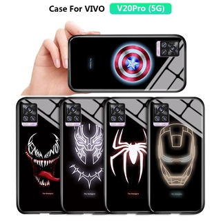 สำหรับ Vivo V20 Pro 5G V20 V20 SE Luminous Avengers Marvel Superhero Captain America Ironman กรณี เรืองแสงในที่มืด กระจกเทมเปอร์ฝาหลังเคส