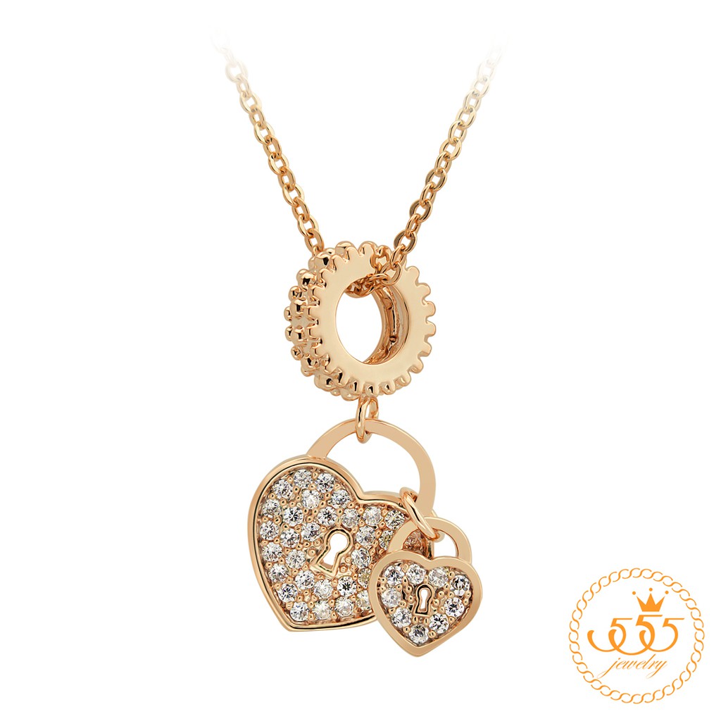 555jewelry จี้พร้อมสร้อย แม่กุญแจหัวใจกับฟันเฟือง ประดับเพชร CZ รุ่น MNC-BN032 - จี้ห้อยคอ จี้สร้อยค
