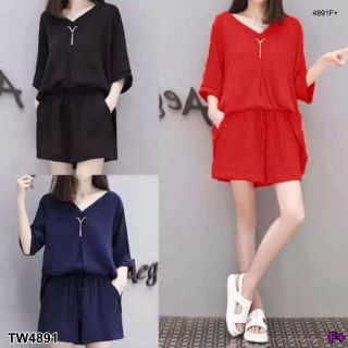 TW4891 เสื้อคอวี+กางเกงขาสั้น