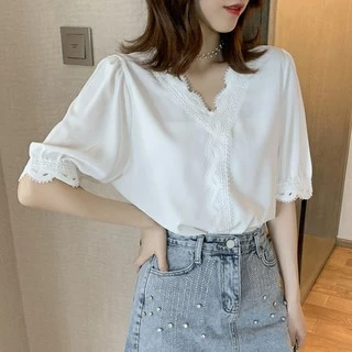 🔥ส่งไวจากไทย🔥 MSD พร้อมส่ง แฟชั่นสตรี เสื้อชีฟอง เสื้อเชิ้ตแขนสั้น สีขาว คอวี ผ้าดี