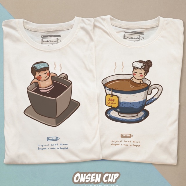 Onsen Girl &  Onsen Boy เสื้อยืดคุณภาพลายถ้วยชาร้อน เสื้อคู่ เสื้อครอบครัว