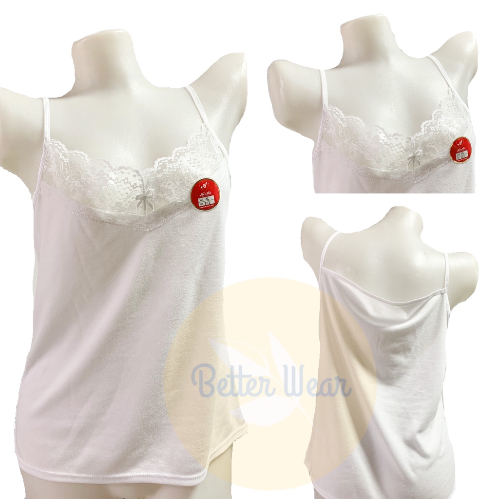 Air 151 เสื้อสายเดี่ยวคอวี ลายลูกไม้ซีทรู ผ้าคอตตอน สีขาว ดำ ไซส์ F-XL - รูปที่ 4