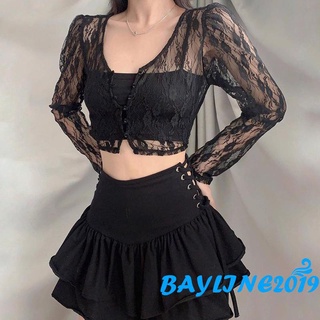 Bay-เสื้อครอปท็อปแขนยาว คอวี ผ้าเชียร์ แต่งลูกไม้ เซ็กซี่ สไตล์วินเทจ สําหรับผู้หญิง ใส่ไปคลับ