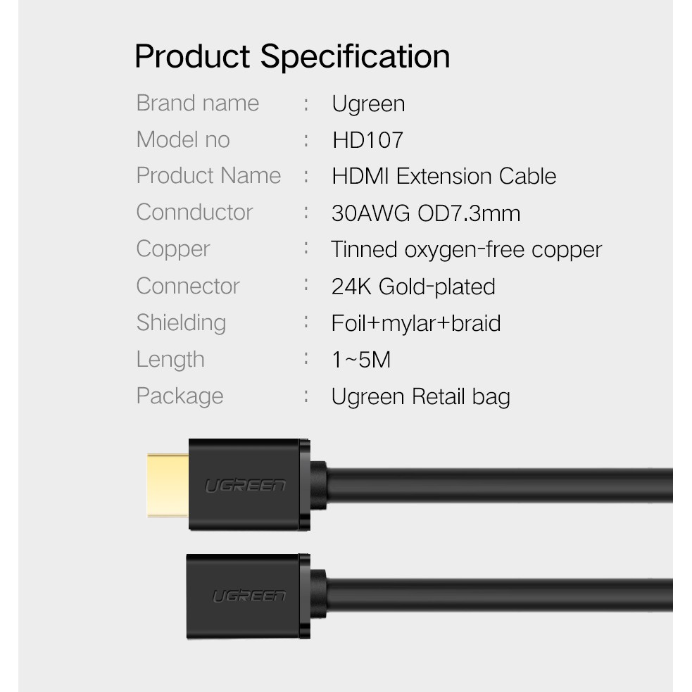 Ugreen (HD107) HDMI extension cable  for Computer/HDTV/Laptop/Projector in audio video Cable(10140,10141,10142)