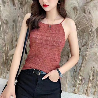 พร้อมส่ง🚚เสื้อสายเดี่ยวไหมพรมแฟชั่นแต่งฉลุทั้งตัว ทรงเว้าหลังผูกคอ sexyน่ารัก รุ่น9919#