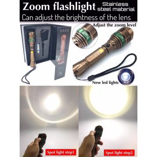 Zoom Flashlight LED ไฟฉายสแตนเลสเอลอีดี หัวเลนส์กลมสว่างพิเศษ พร้อมที่ปรับเลนซ์ขยาย