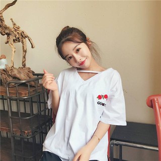 เสื้อแฟชั่น คอกลม สายไขว้ ลายดอกไม้ สีขาว 8331 ขาว