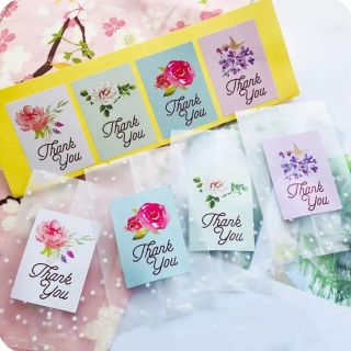 ขั้นต่ำ2แผ่น สติ๊กเกอร์ ข้อความ ขอบคุณ ดอกไม้ 4 สี 8ดวง สีพาสเทล Thank you sticker Flower ป้ายสติกเกอร์ ไดคัท ลายดอกไม้