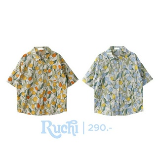 RUCHI 🧡เชิ้ตแขนสั้น เสื้อลายดอก great tulip สีสวยมากๆ มี2สีนะคะ ส้ม/ฟ้า