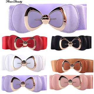 ☺♡ ผู้หญิง Bowknot Buckle Metallic Faux หนังเข็มขัดคาดเอวยางยืด