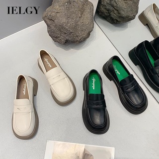 IELGY รองเท้าโลฟเฟอร์ลําลอง หนังนิ่ม พื้นหนา สีดํา สไตล์อังกฤษ สําหรับผู้หญิง