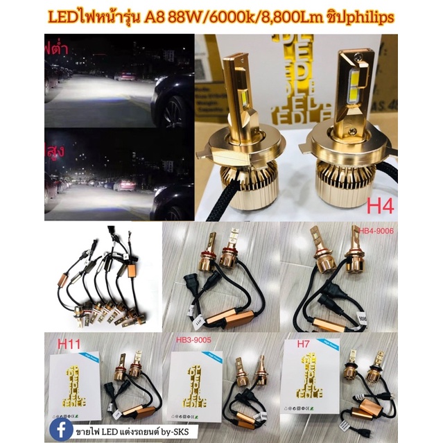 หลอด ไฟหน้า’ไฟตัดหมอก LEDชิปphilips รุ่นA8 ขั้วH4 H7 H11 9006 88วัตต์ แสงขาว 6000K สว่าง8,800LM