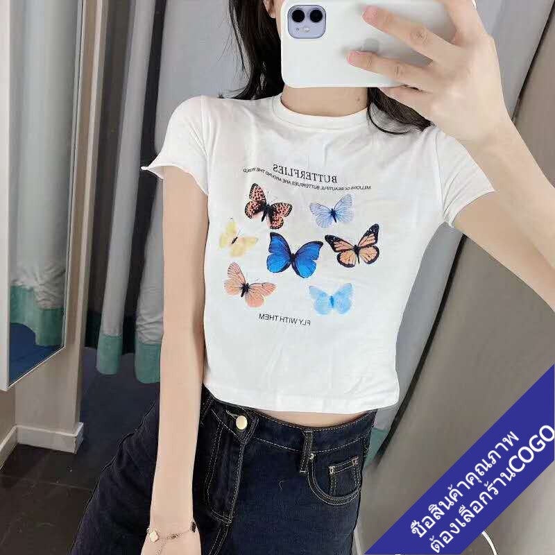 COGOพร้อมส่ง เสื้อครอปเอวลอยรัดรูป เสื้อผ้าแฟชั่นผู้หญิง รูปที่ 8