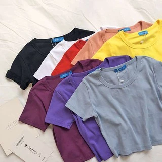 ✨ MKL ✨ เสื้อครอป เอวลอย คอกลม แขนสั้น ผ้านิ่มลื่นใส่สบาย มีหลายสีให้เลือก เสื้อยืดแฟชั่น#9020
