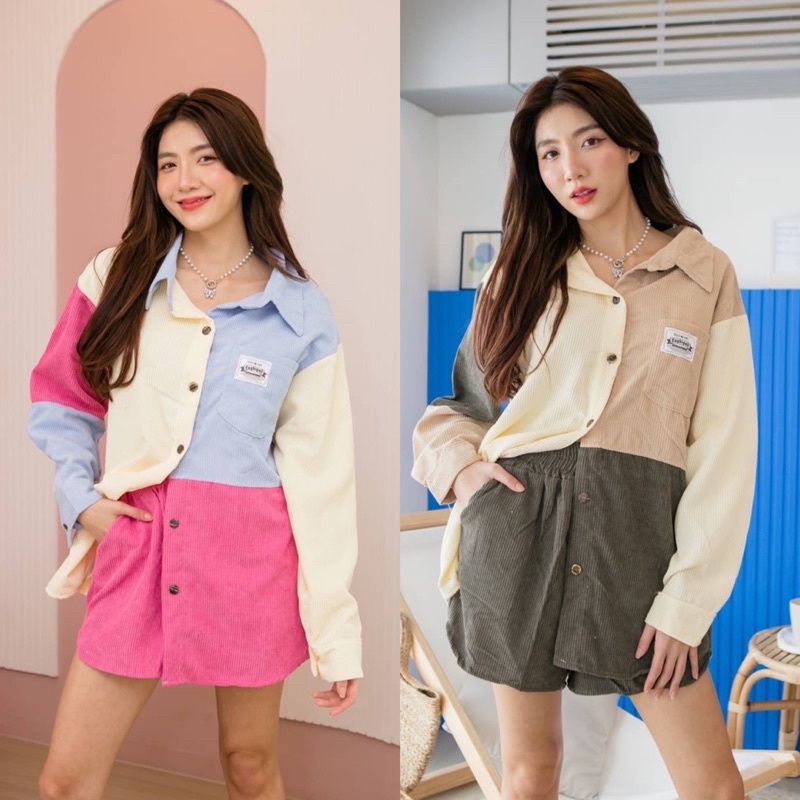 ชุดเซ็ตลูกฟูก เสื้อเชิ้ตแขนยาว+กางเกงขาสั้น งานขายดี