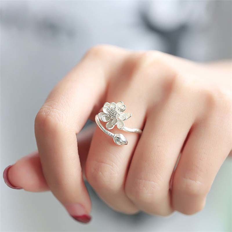 Miyan S925 เงินสเตอร์ลิงโบราณ Original Lotus แหวนทําด้วยมือเปิดแหวนสดดอกไม้เรียบง่ายแหวนเงินสเตอร์ลิง