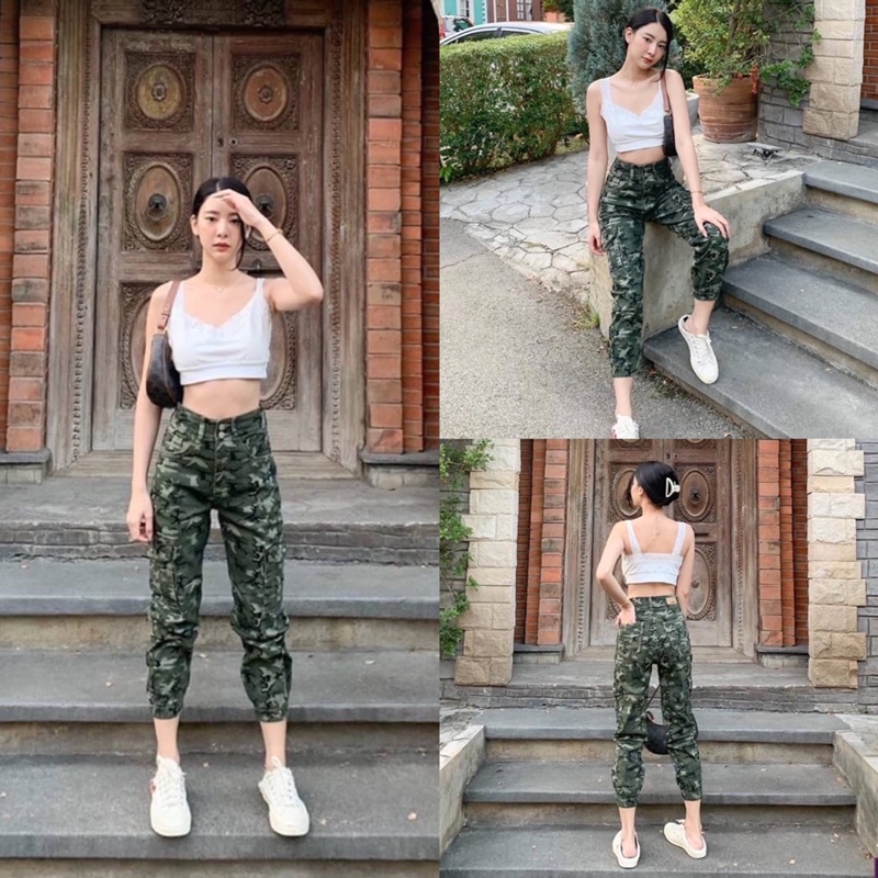 🌟st.f_shop🌟5634กางเกงยีนส์ทรงบอย ลายทหาร 🌵 งานเอวสูง สองกระดุมผ้ายืด ปลายขาจั๊ม 5634