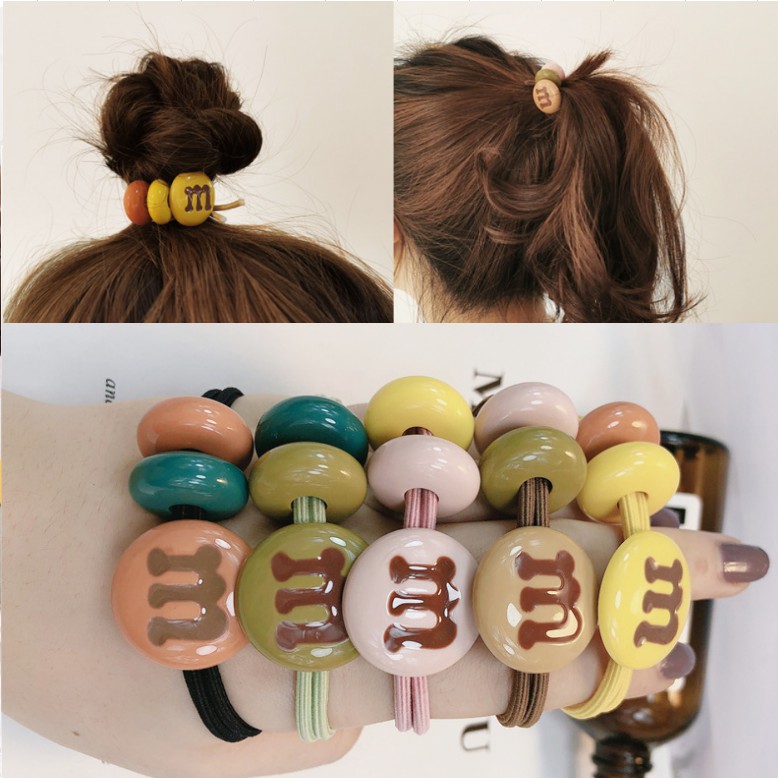 Kf038 เกาหลีน่ารักสีลูกกวาด "M" bean ยางรัดผมแบบเรียบง่าย