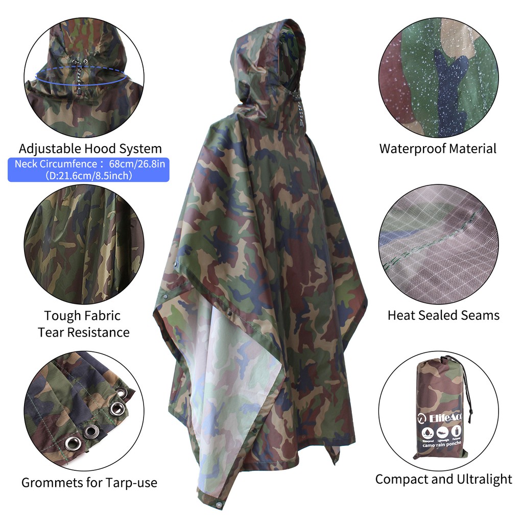 น้ําหนักเบา Camo กันน้ํายาวเสื้อกันฝน Poncho Camping Tarp ใหม่ Unisex มัลติฟังก์ชั่ทหารกันน้ํา Camo เสื้อกันฝน Rain Coat Raining Poncho