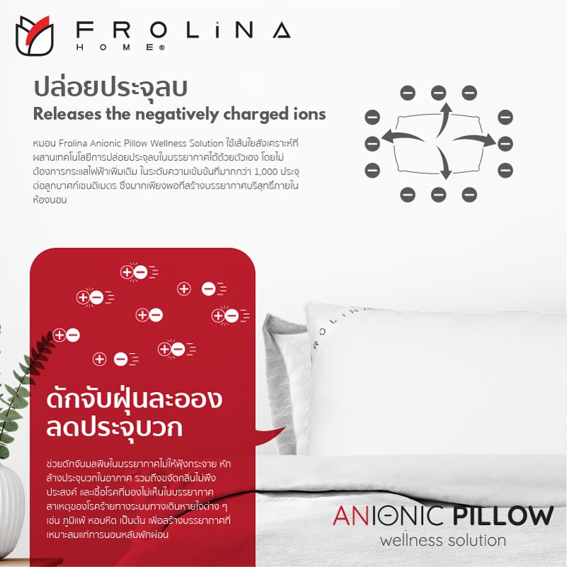 Frolina Anionic Pillow หมอนฟอกอากาศ หมอนหนุน เพื่อสุขภาพ ป้องกันโรคภูมิแพ้ ต่อต้านฝุ่น ไร้กลิ่นอับ ขนาด19x29 นิ้ว - 1 ใบ