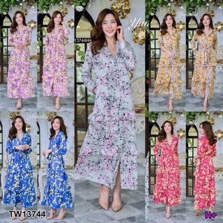 💕🌼เดรสเที่ยว ไปทะเล Maxi Dress เดรสเชิ้ต กระดุมผ่าหน้าทั้งชุด แขนยาว งานเย็บแต่งระบายกระโปรง3ชั้นจ้า