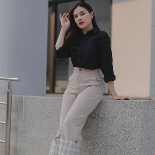 กางเกง สีเบจ Smart Duo Pants กางเกงทูโทน เอวสูง