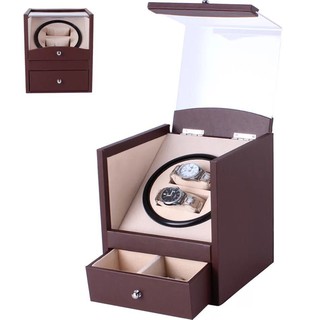 ตู้นาฬิกาออโตเมติกแบบหมุน Watch Winder สำหรับนาฬิกาแบบหมุน 2 เรือน + ลิ้นชักใส่ของหรือเครื่องประดับ – สีน้ำตาล/Brown