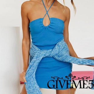 GIVEME-Women Slim Fit Dress, Adults Sleeveless Tie Up Low Cut Solid Color Cross Halter One-piece Halter Dress