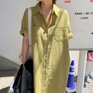 ชุดเดรสแขนสั้นลําลอง คอปก ทรงหลวม พลัสไซซ์ สีพื้น สไตล์เกาหลี สําหรับผู้หญิง