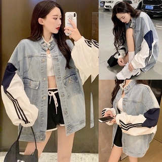 Korean🧧 เสื้อแจ็คเก็ตยีนส์ทรงใหญ่ แขนยาวผ้าร่มแต่งแถบ