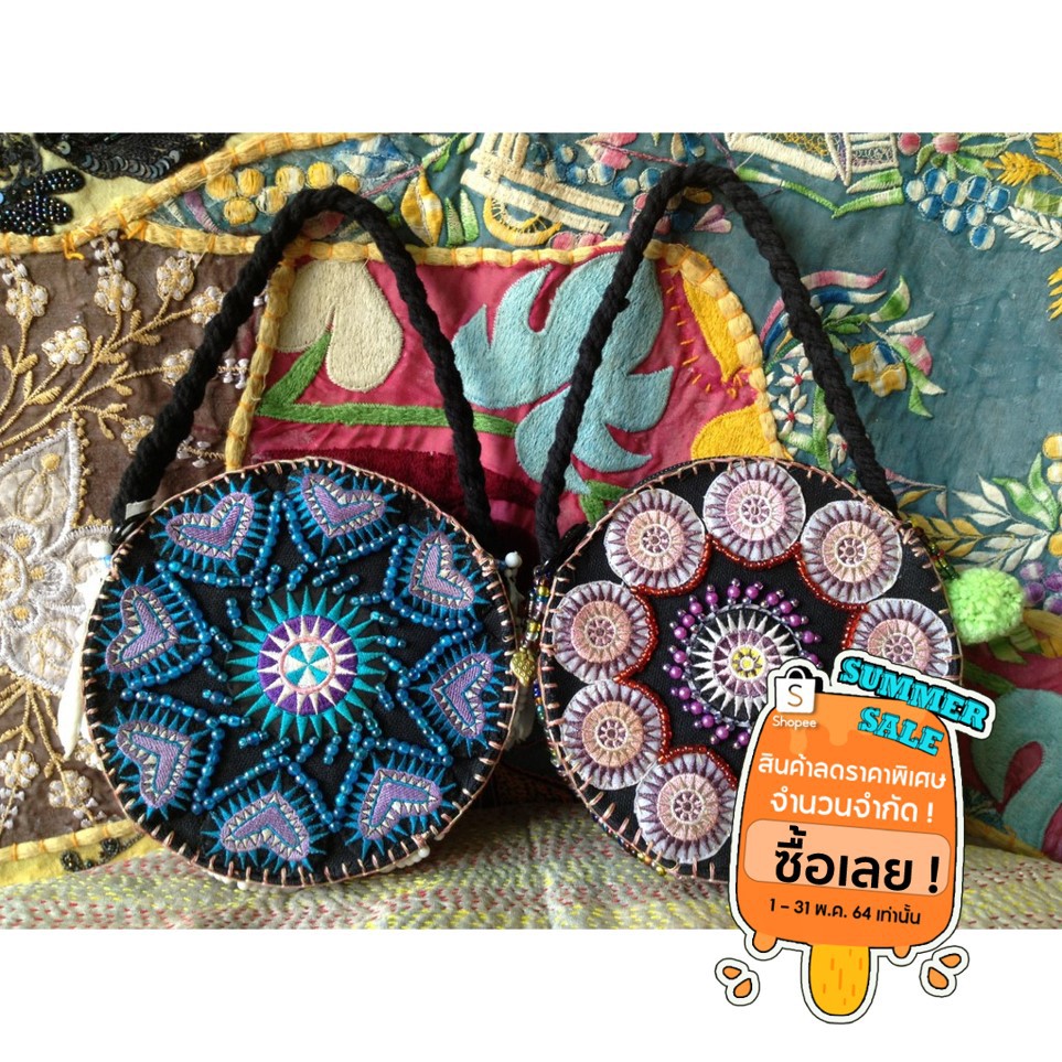 Hmong bag กระเป๋าถืองานปักลูกปัดสีฟ้า