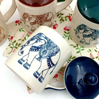🍵🐘 SPP – LYCHANG แก้ว พร้อมฝา เซรามิค ชากาแฟ ทรงกระบอก แก้วมัค ลายไทย ลายช้าง Thai Elephant Mug w/ Lid