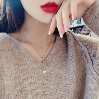 ๋（A11-03-18） Fashion Korean Short Double Peach Heart Tassel Necklace All-match Titanium Steel Clavicle Chain for Women