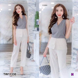 TW11330 Jumpsuit จั๊มสูทขายาวคอวีแขนกุด ช่วงเอวแต่งผ้าระบาย ขายาวทรงกระบอก งานผ้าซาร่า มีซิปหลัง