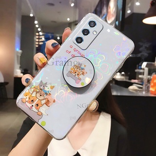 เคส Samsung Galaxy M52 5G Soft TPU cute Cartoon Bear With Holder Colorful Cherry Blossoms Cover 2021