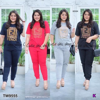 Set 2 ชิ้น #Bigsize เสื้อคอกลมแขนสั้นพิมพ์ลาย+กางเกงขายาว TW9555