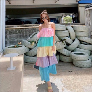 13341 Maxi Dress เดรส สายเดี่ยว ขนมชั้น สีพาสเทล One-shoulder dress, layered dessert, pastel colors