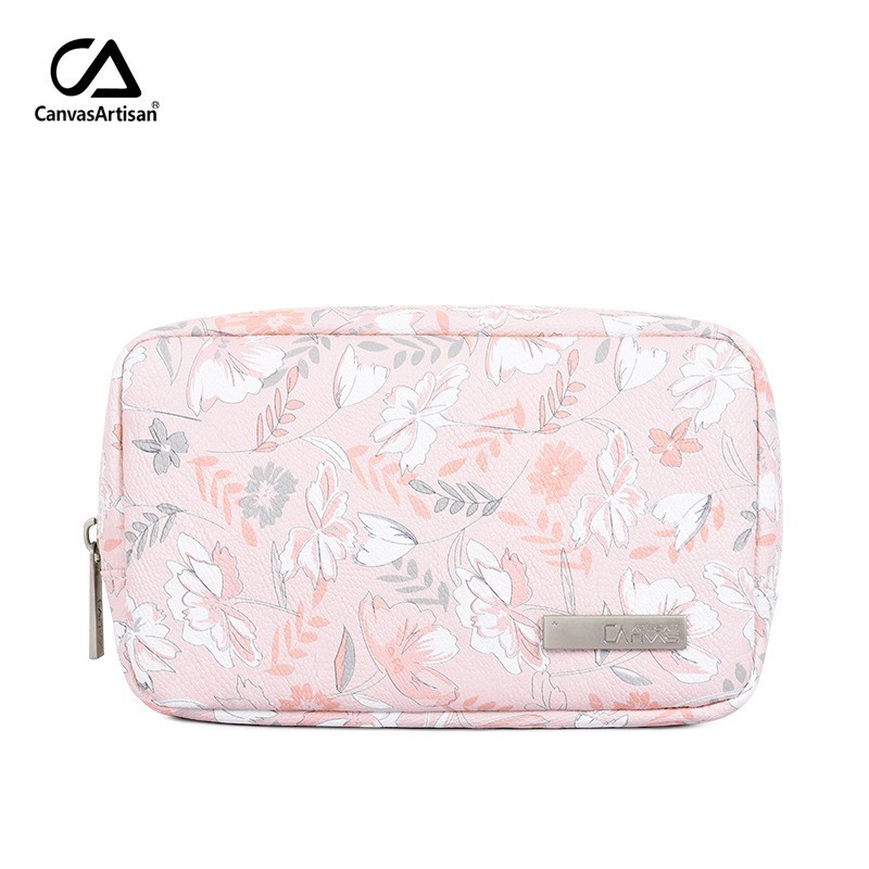 CanvasArtisan Pink Floral Travel Organizer Bag Phone Power Bank USB Cable Digital Gadget Storage Case Pouch