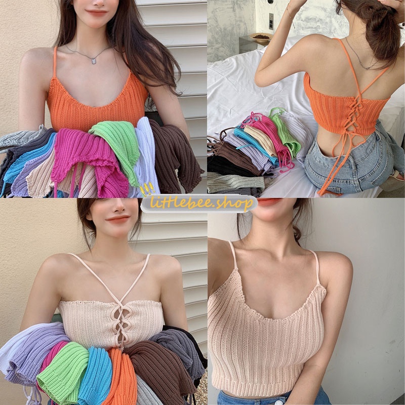 littlebee 28063เสื้อกล้าม เสื้อสายเดี่ยว งานไหมพรม ถักลายในตัว สไตล์เซ็กซี่ สลิงเล็กสีลูกกวาด สองวิธีในการสวมใส่ 11สี