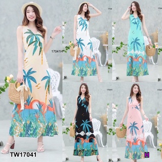 TwinsShopVip💗พร้อมส่ง TW17041 แม็กซี่เดรสคอวีลายต้นมะพร้าว Coconut tree print V-neck maxi dress