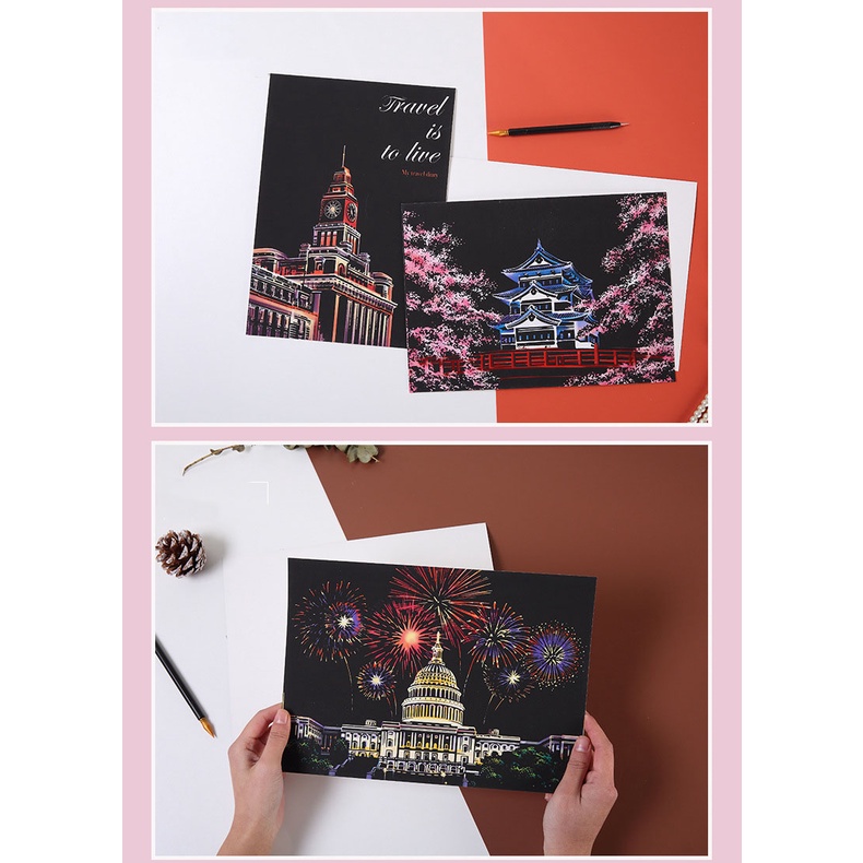 (1 ชุดได้ทั้ง 4 ภาพเลยค่า) ฟรีแท่งไม้ขูดทุกชุด ศิลปะขูด Magic Scratch Art ขนาด A4 แผ่นขูดภาพภาพวิวระบายสีต่างประเทศ - รูปที่ 6
