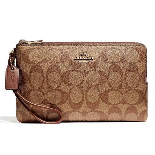 COACH กระเป๋าคล้องมือ DOUBLE ZIP WALLET IN SIGNATURE COATED CANVAS F16109 (IM/KHAKI/SADDLE)